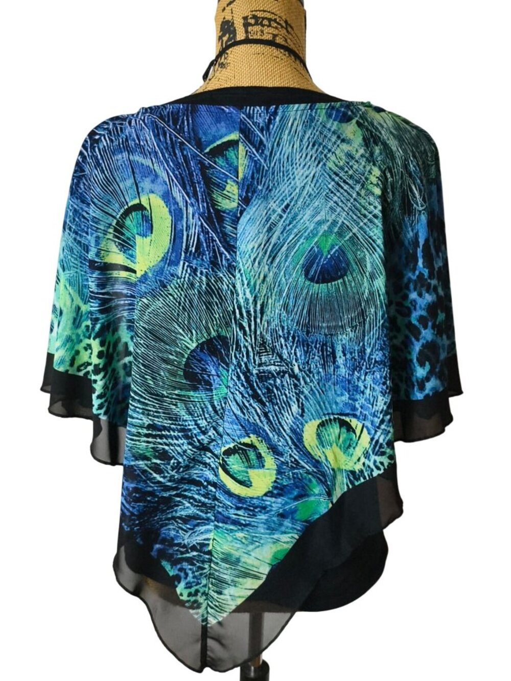BLEU Womens S Poncho Blouse Peacock Feather Sheer Asymmetrical Psychedelic Boho - Picture 3 of 6